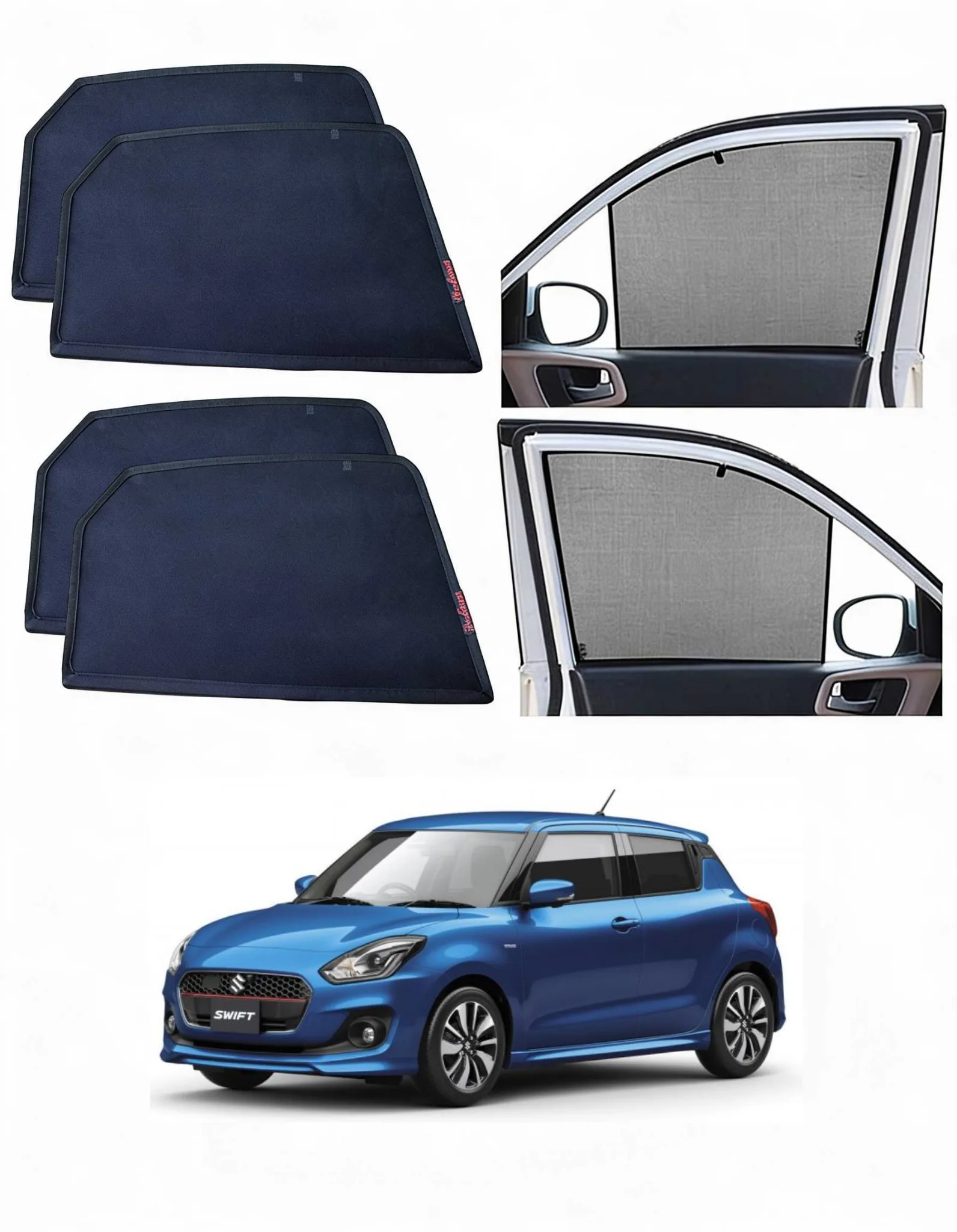 Combo of Car Side Window Half Curtain Sun Shades Compatible with Maruti Suzuki Swift 3rd Gen (2018-2024) & Premium Foldable Rear Windshield Sunshade | UV Protection | Heat Resistant | Removable Car Window Curtains (Set of 5)