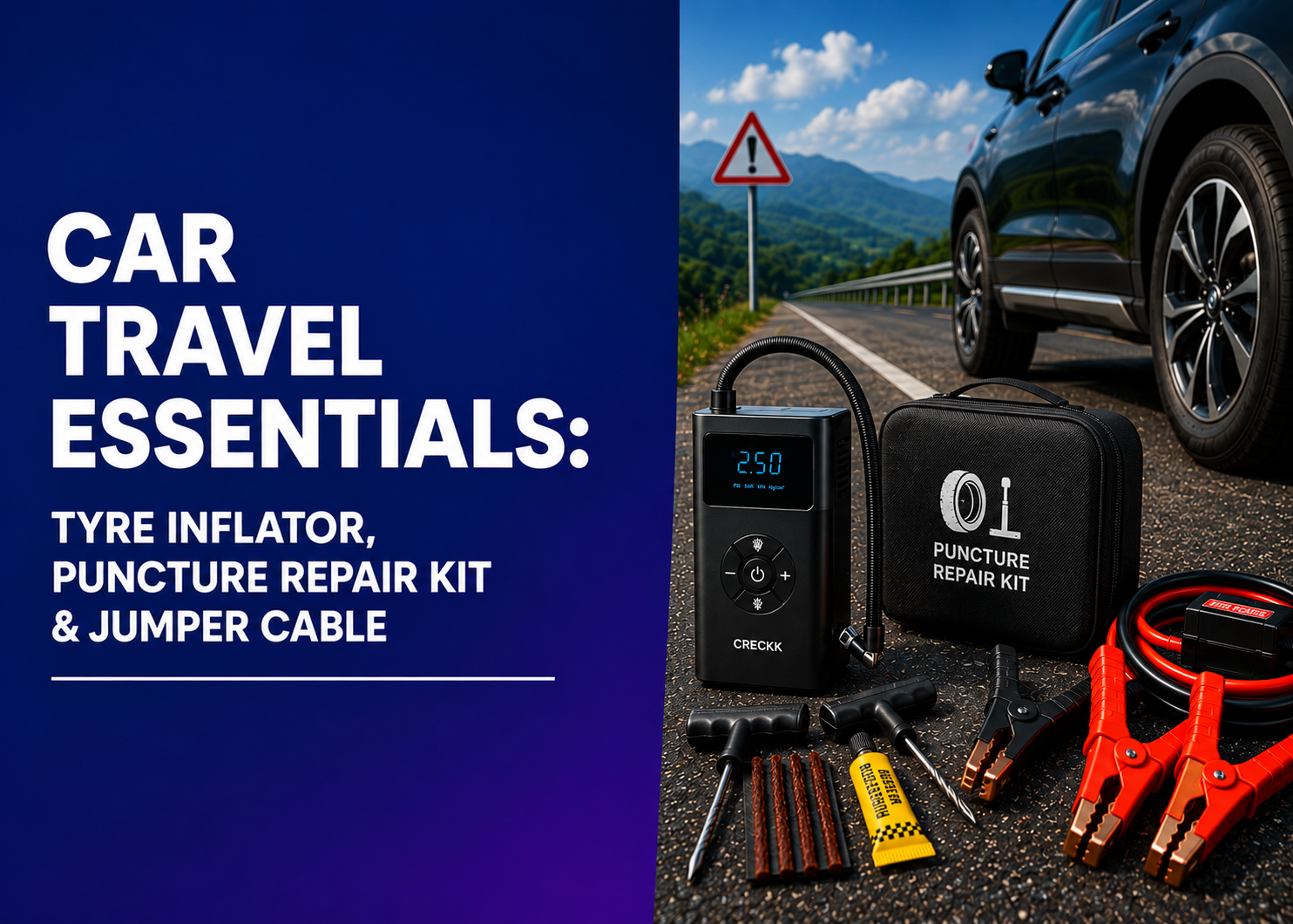 Car Travel Essentials: Tyre Inflator, Puncture Repair Kit & Jumper Cable